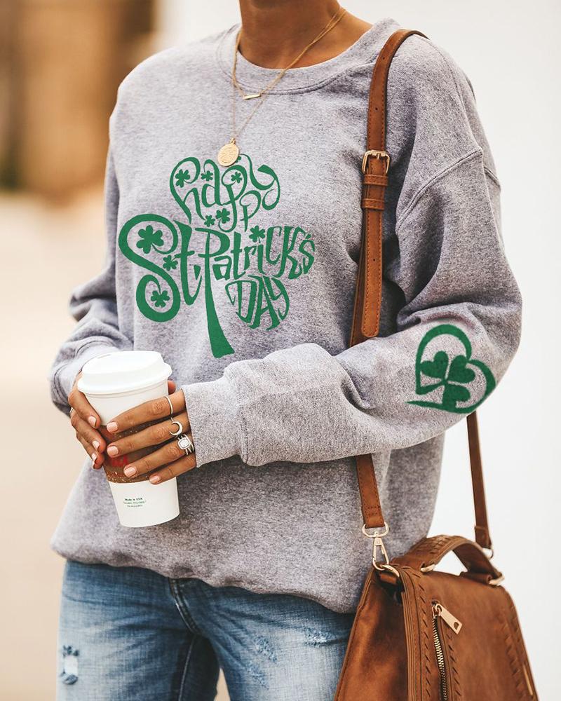 

St.Patrick' Day Letter Four Leaf Clover Print Long Sleeve Sweatshirt, Style2