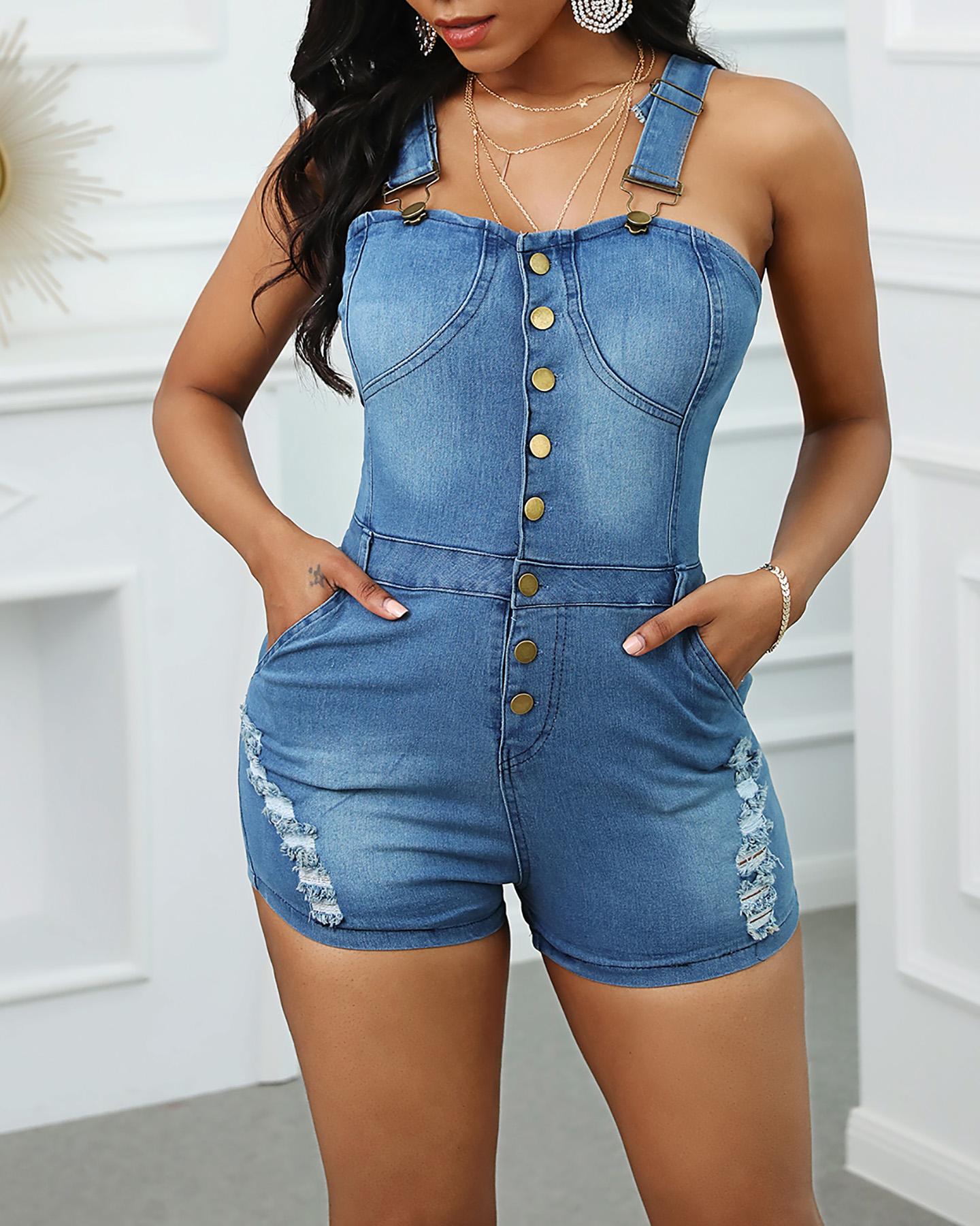 

Thin Strap Buttoned Distressed Casual Denim Romper, Blue