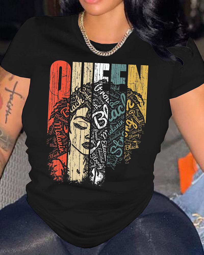 

O-Neck Figure Letter Print T-shirt, Black