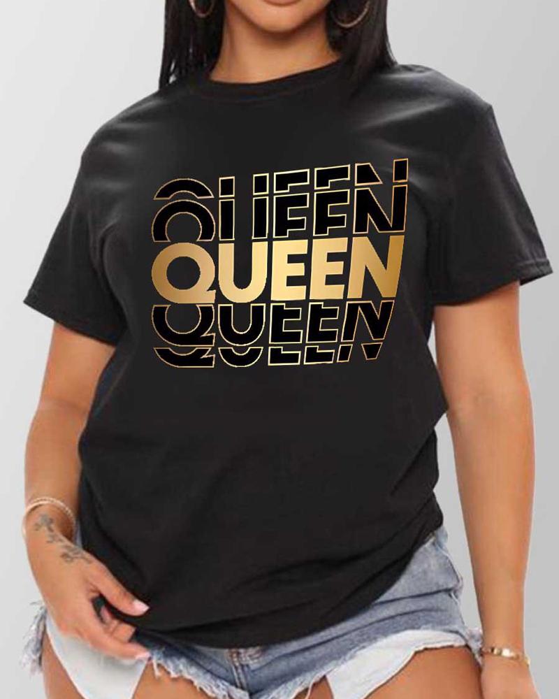 

Queen Print Short Sleeve Casual T-shirt, Black