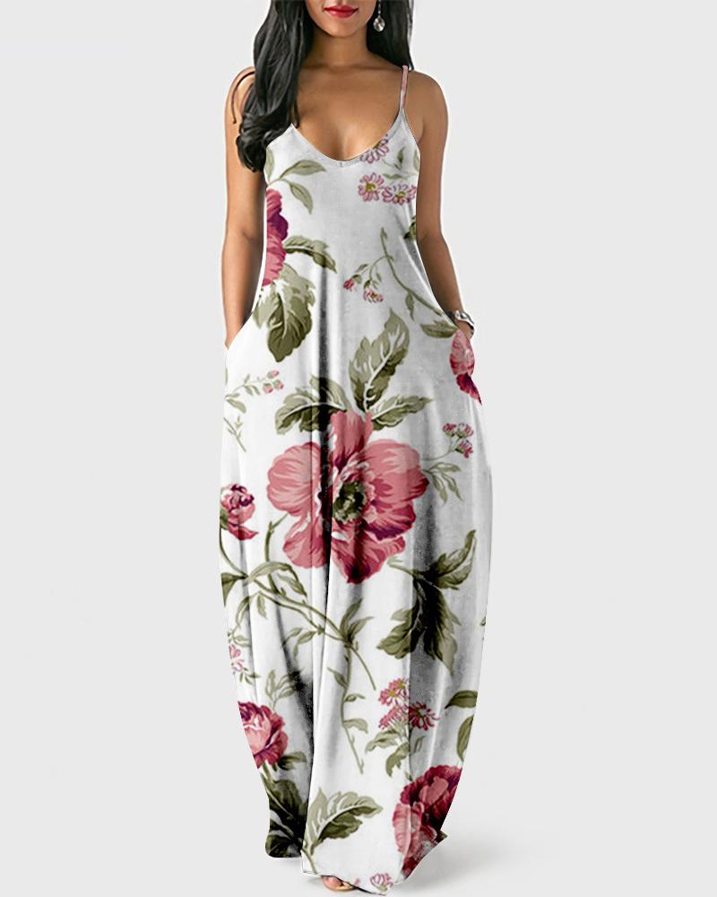 

Plus Size Floral Print Spaghetti Strap Maxi Dress, White