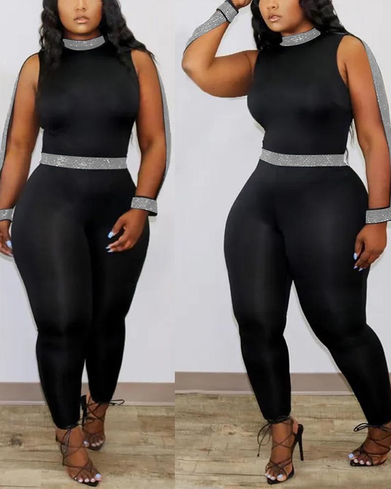 

Glitter Tape Patch Sleeveless Jumpsuit, Black