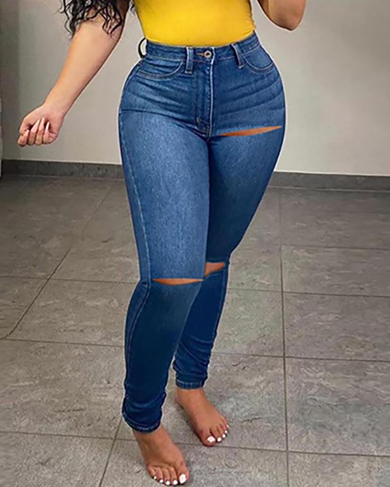 

Solid Cutout Pockets Design Fitted Jeans, Dark blue