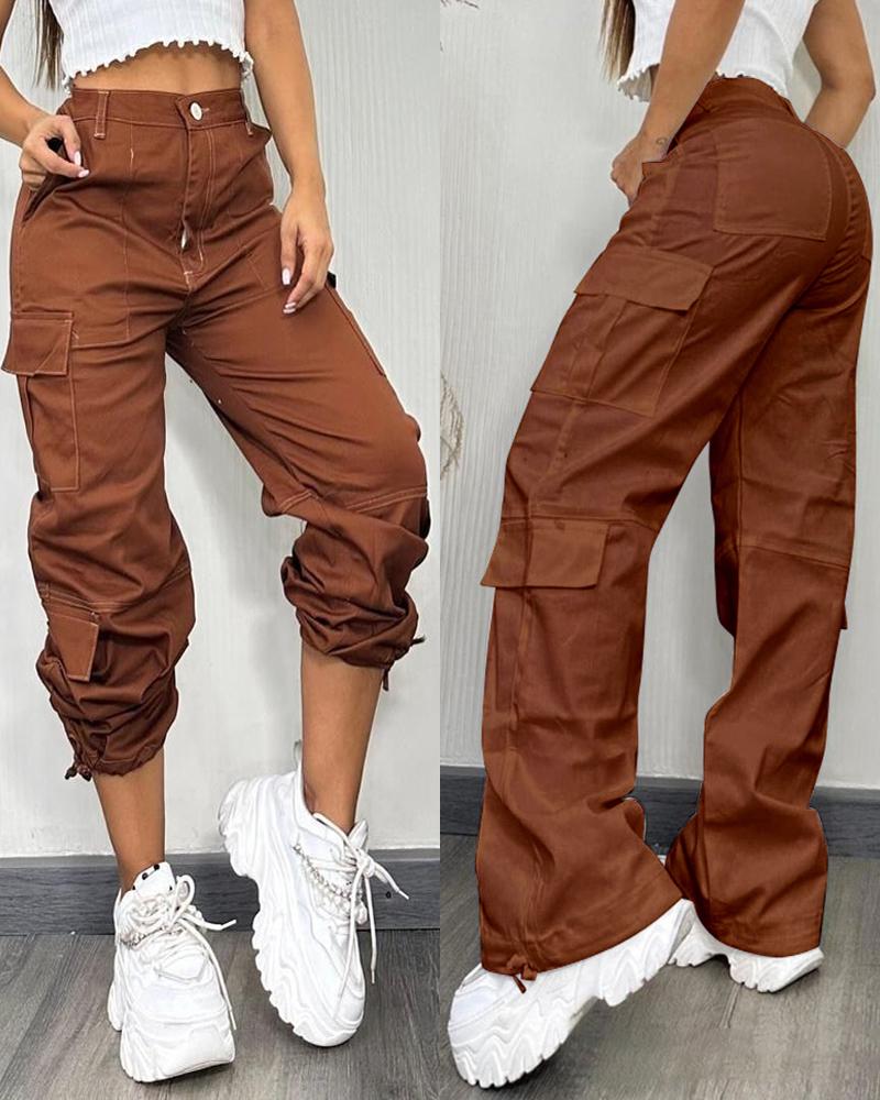 

Pocket Design Button Front Cargo Pants Casual High Waisted Cuffed Pants, Brown