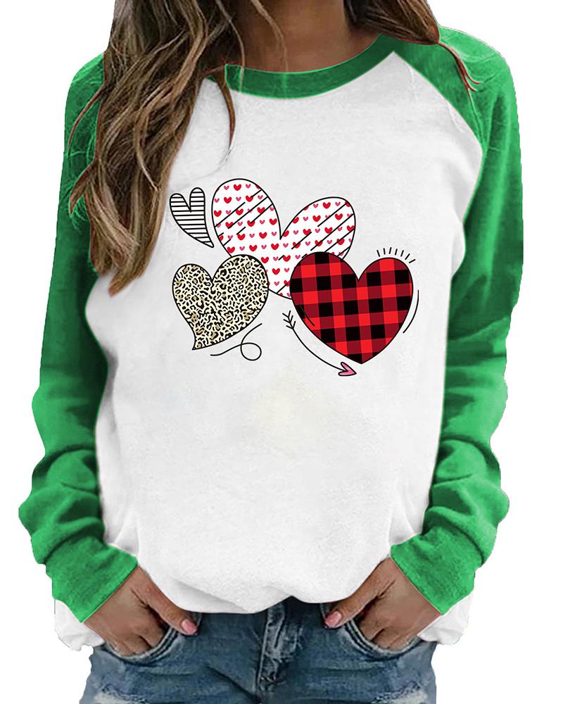 

Valentine' Day Colorblock Heart Print Long Sleeve Top, Green