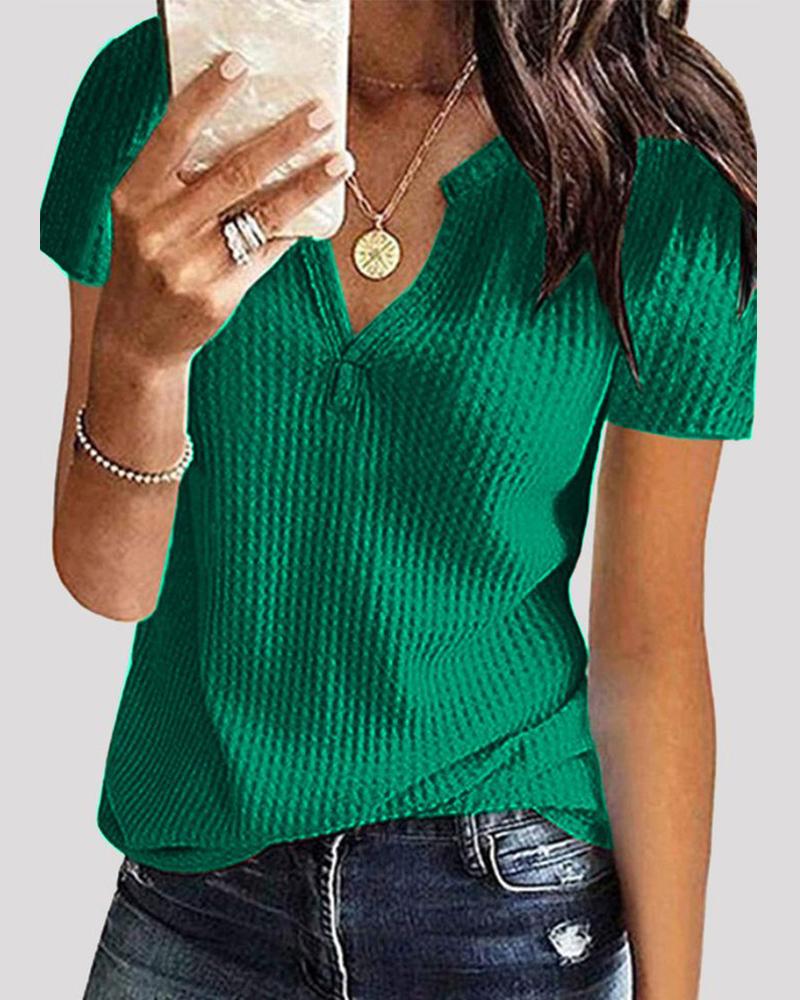 

Notch Neck Waffle Knit Top, Green