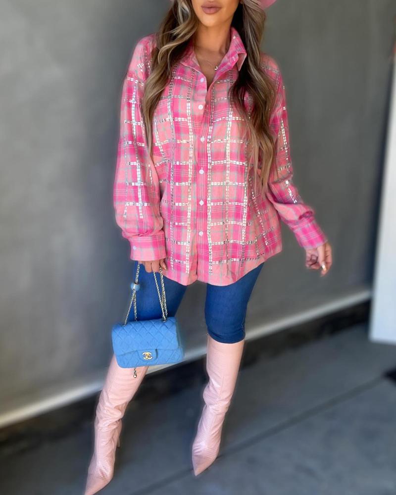 

Plaid Print Turn-down Collar Top, Hot pink