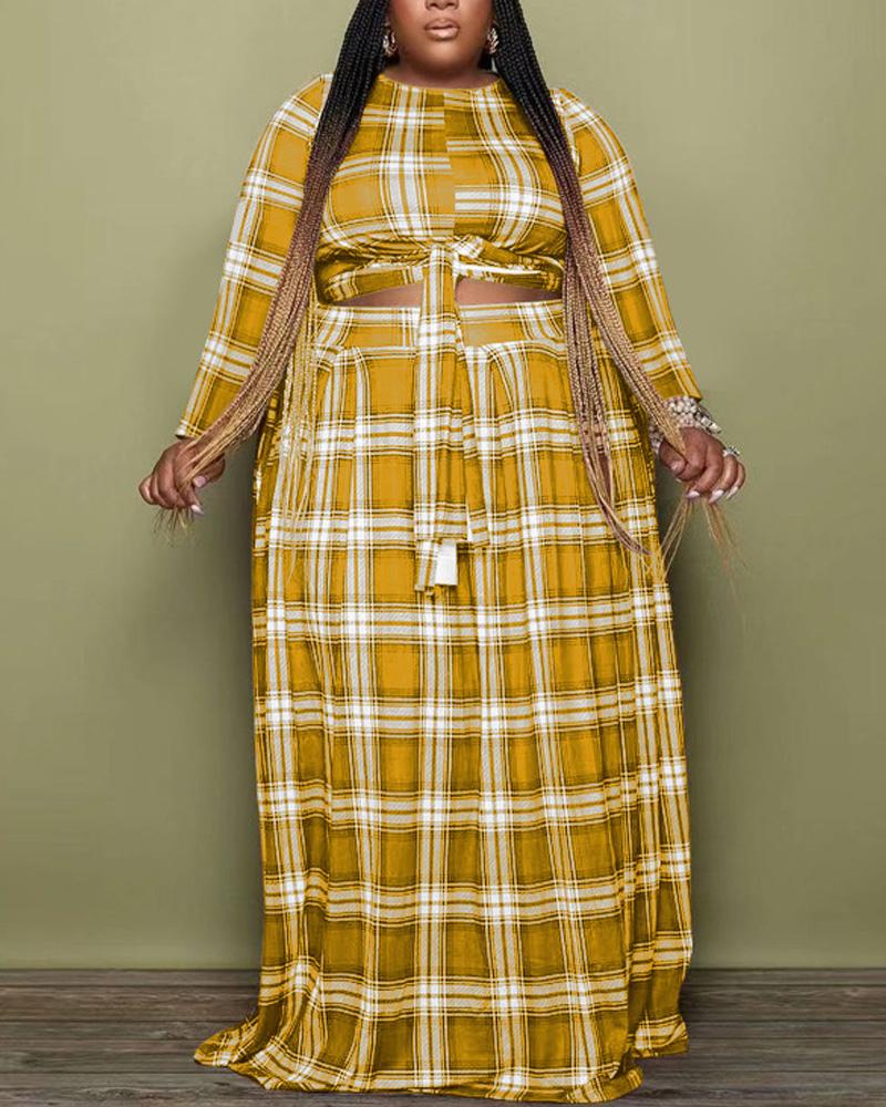 

Plus Size Plaid Print Tied Detail Crop Top & Skirt Set, Yellow