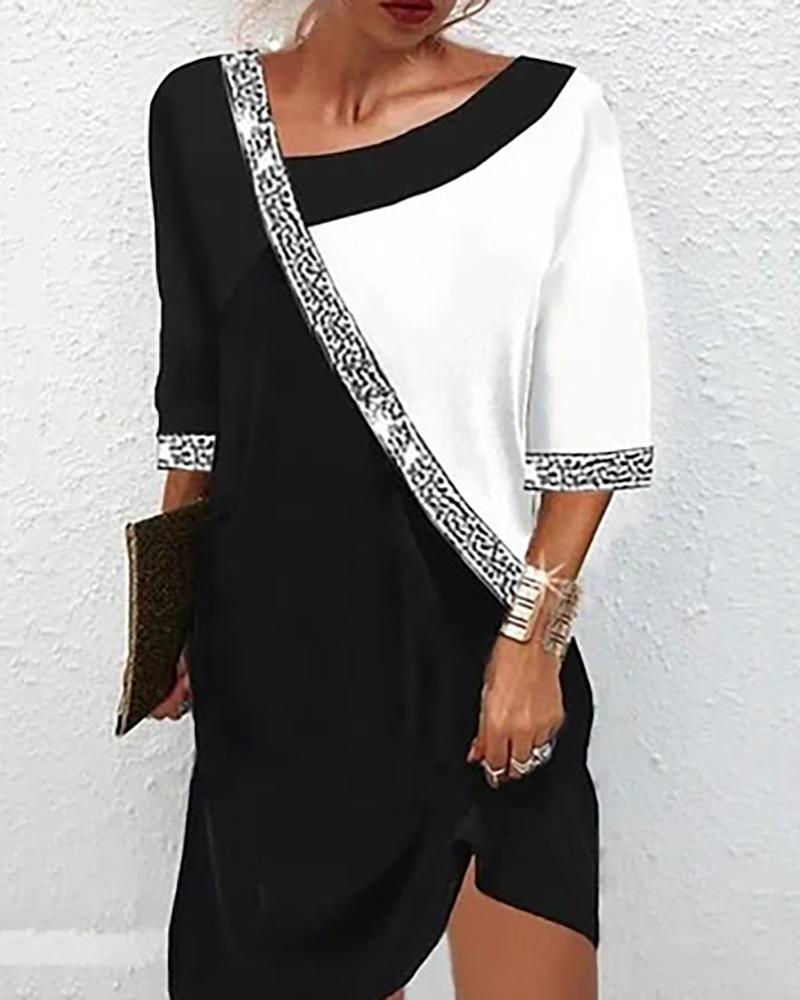 

Colorblock Glitter Asymmetrical Casual Dress, Black