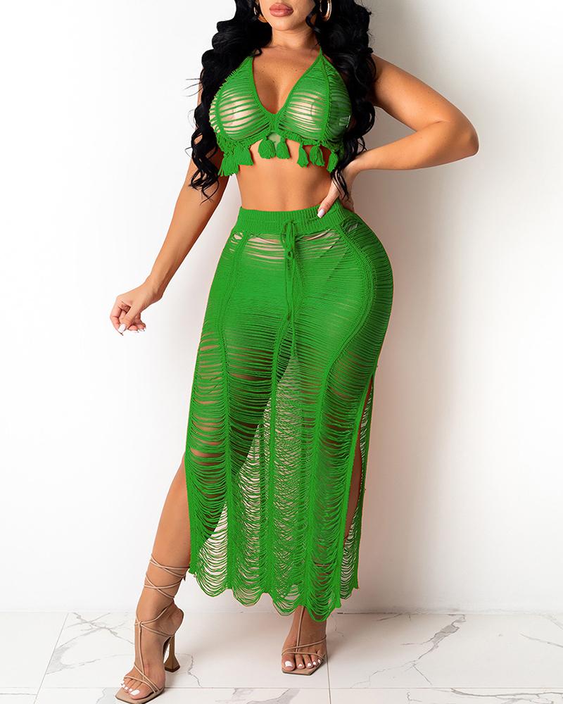 

High Slit Cutout Tassel Design Cover Up Set, Green