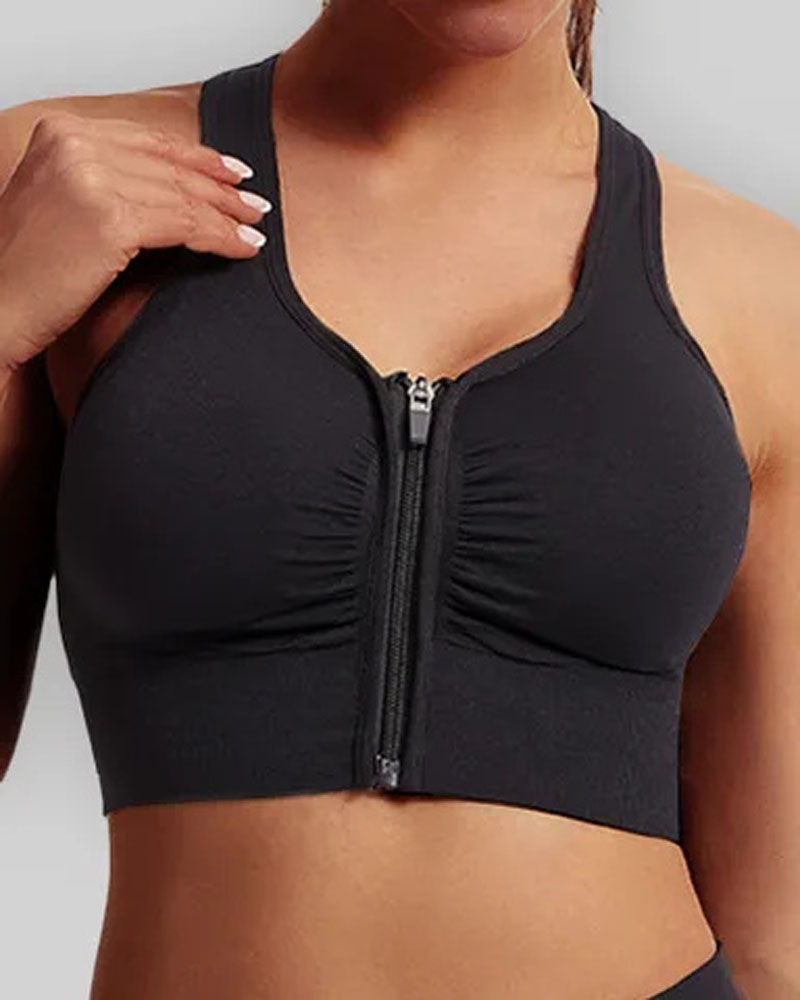 

Ruched Zip Front Criss Cross Sports Bra, Black