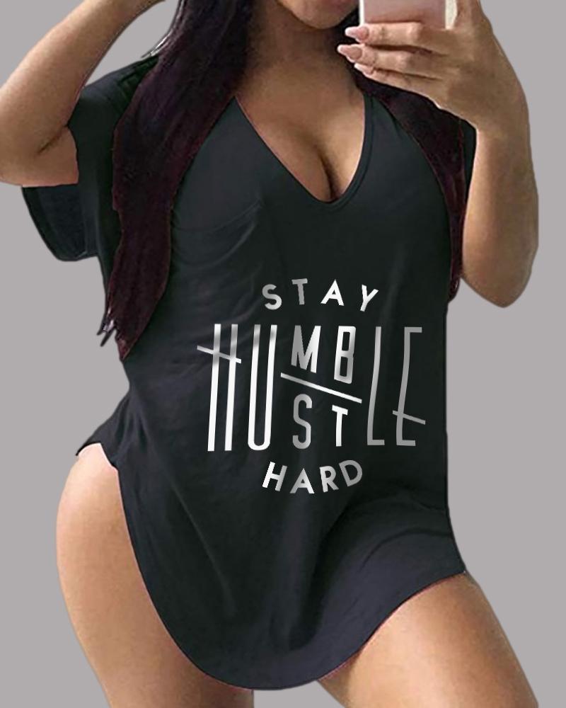 

Short Sleeve Letter Print V-Neck T-shirt, Black