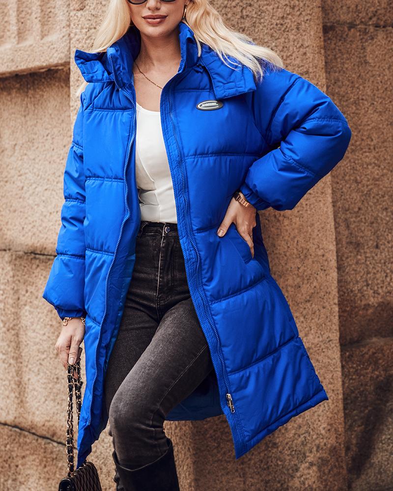 

Pocket Design Quilted Hooded Longline Puffer Coat, Blue