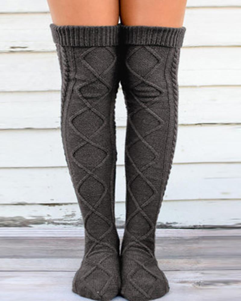 

1Pair Braided Knit Over The Knee Socks, Dark grey
