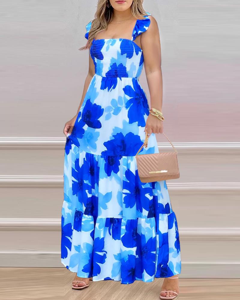 

Floral Print Shirred Maxi Dress, Blue