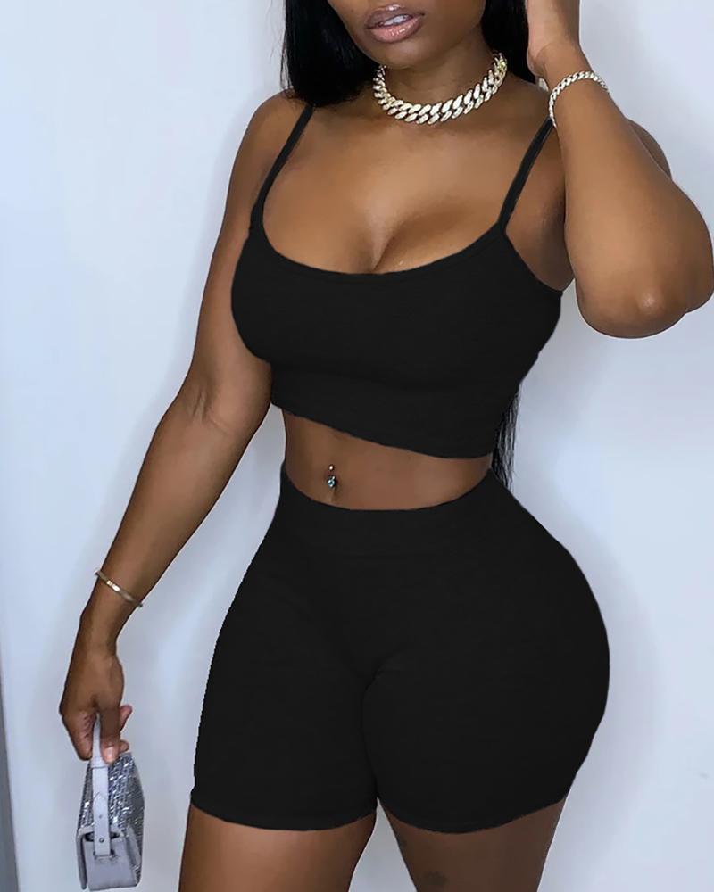 

Spaghetti Strap Crop Top & Shorts Set, Black