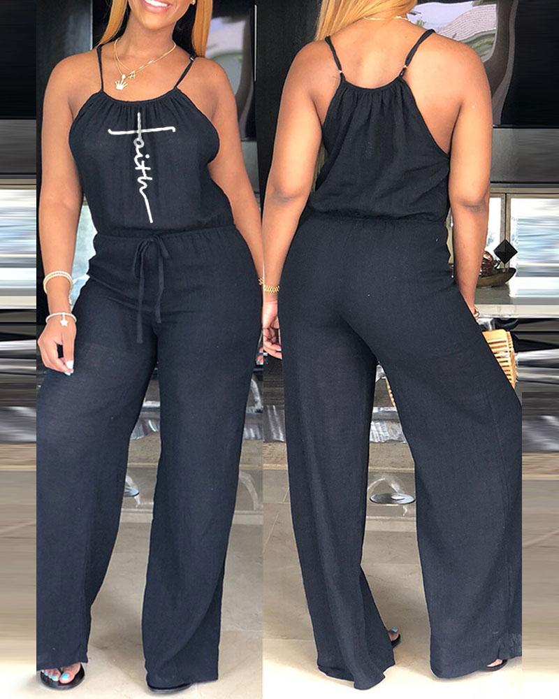 

Faith Print Spaghetti Strap Drawstring Jumpsuit, Black