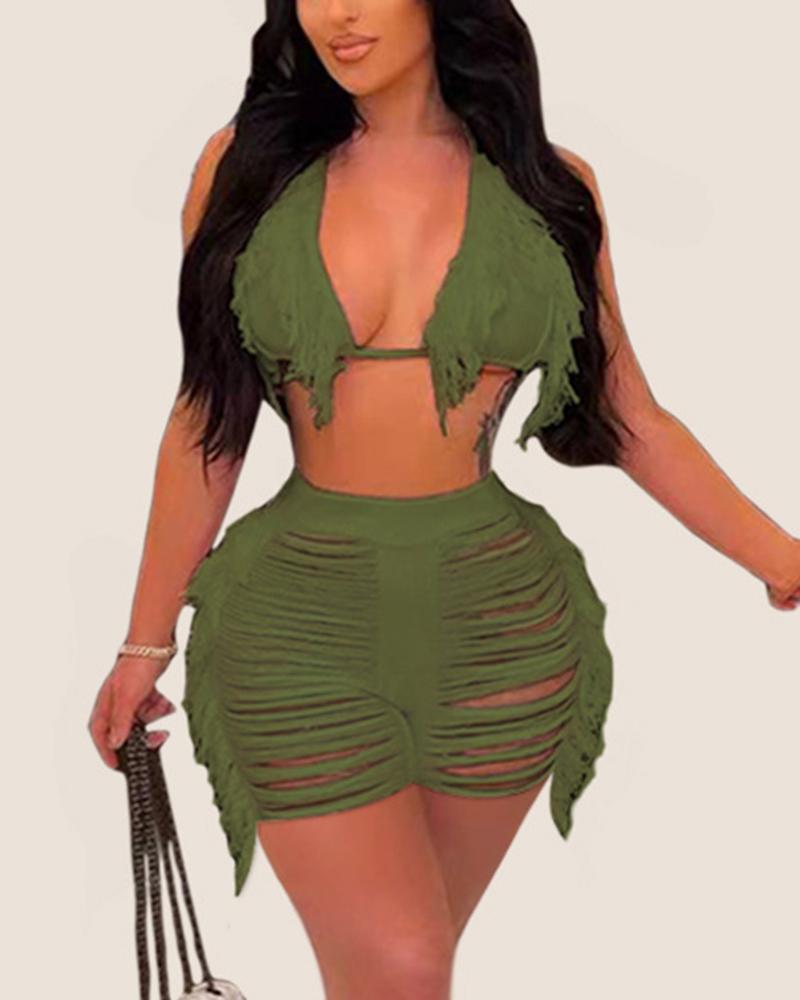 

Tassel Design Bikini Top & Ladder Cutout Shorts Set, Army green