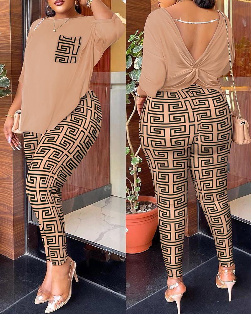 

Geometric Print Twisted Backless Top & Pants Set, Brown