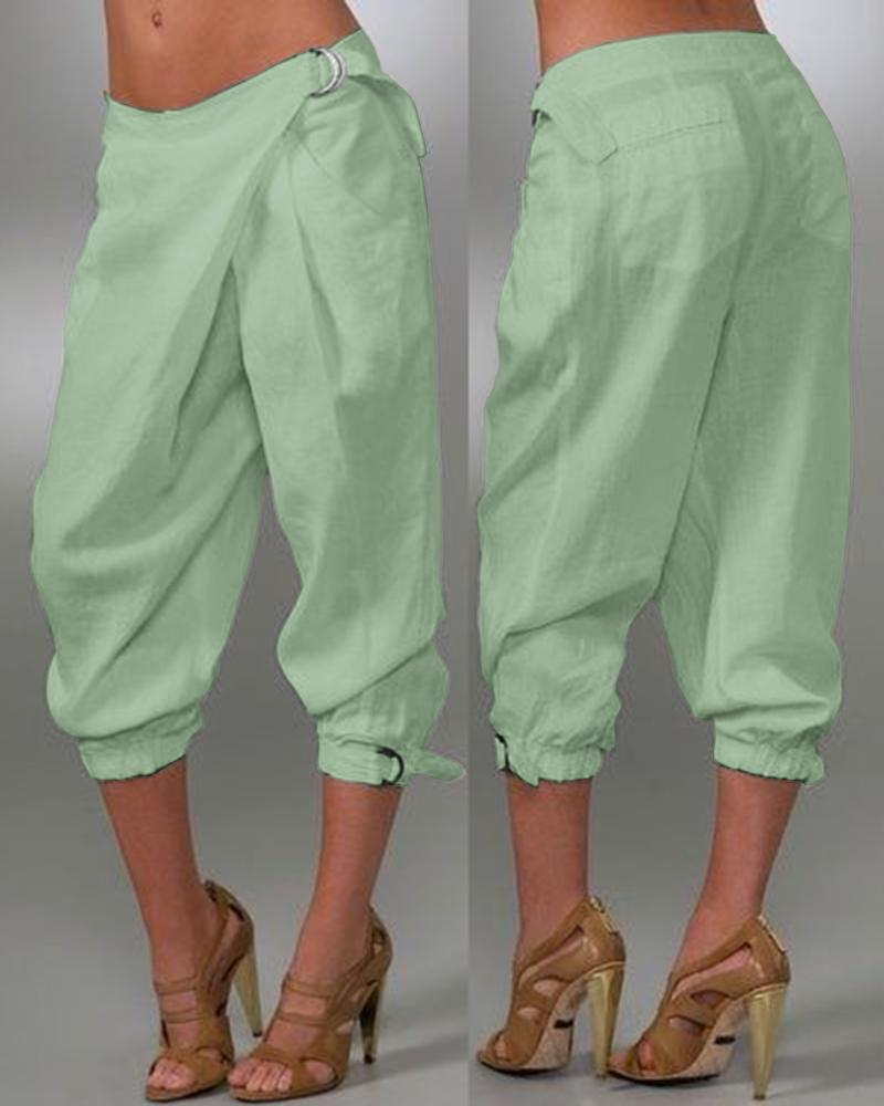 

Buckled Pocket Design Cuffed Pants, Light green