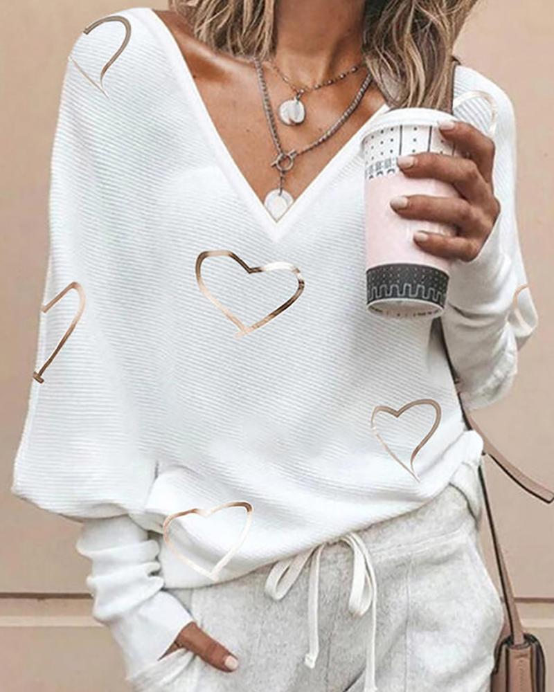 

Heart Print Long Sleeve Casual Top, White