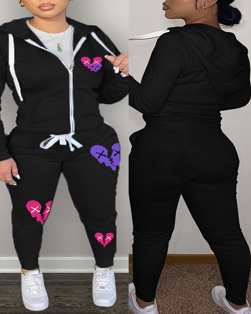 

Plus Size Heart Print Hooded Zip Up Top & Pants Set, Black