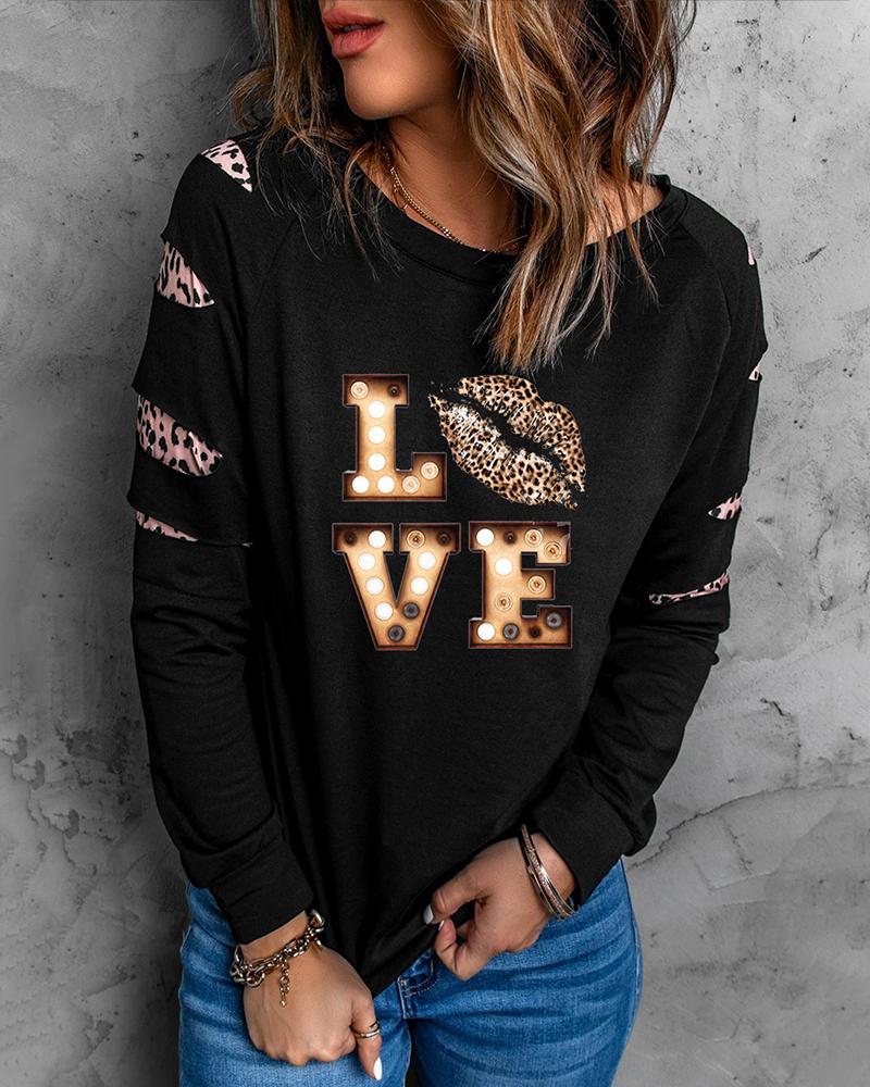 

Valentine' Day Leopard Heart Letter Print Cutout Top, Black