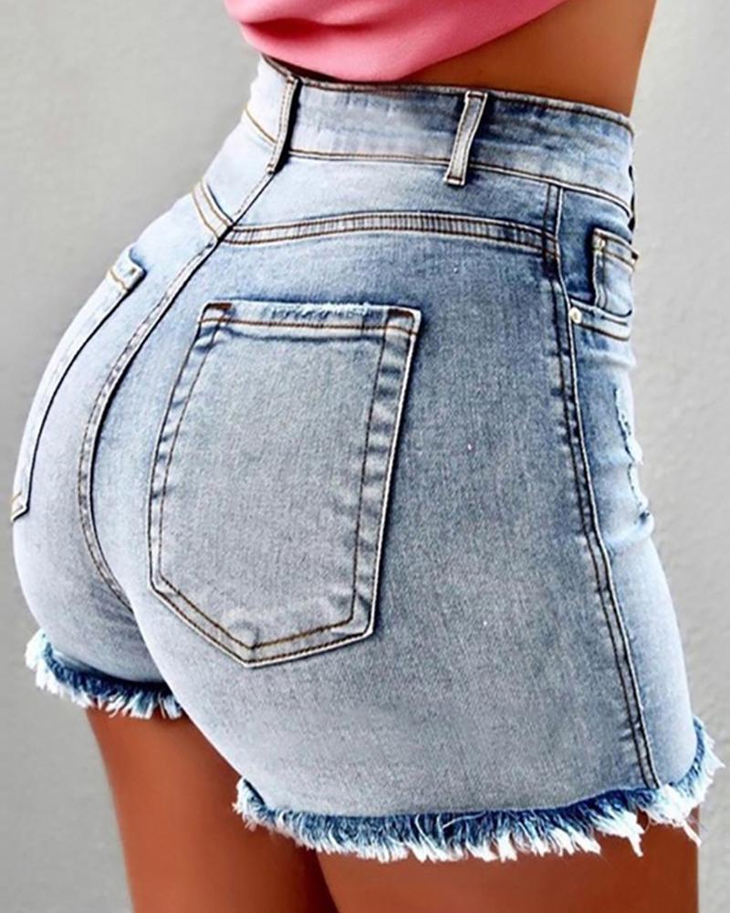 

High Waist Fringe Hem Casual Denim Shorts, Lighted blue