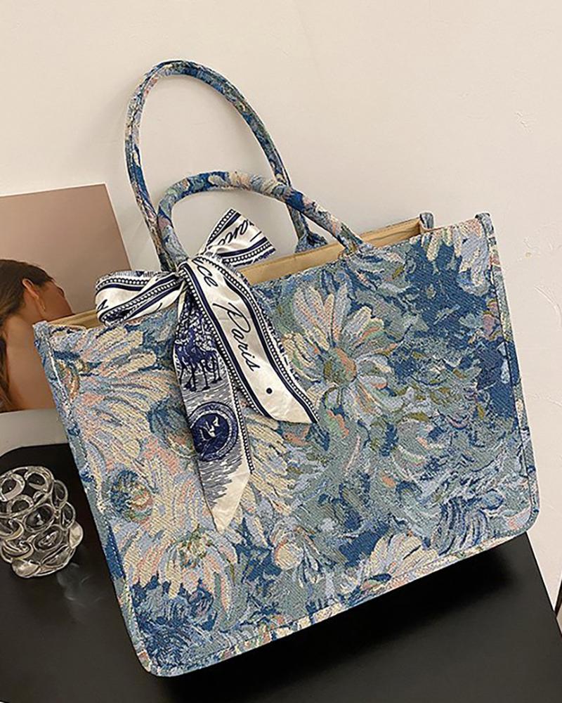 

Floral Print Bowknot Canvas Tote Bag, Blue