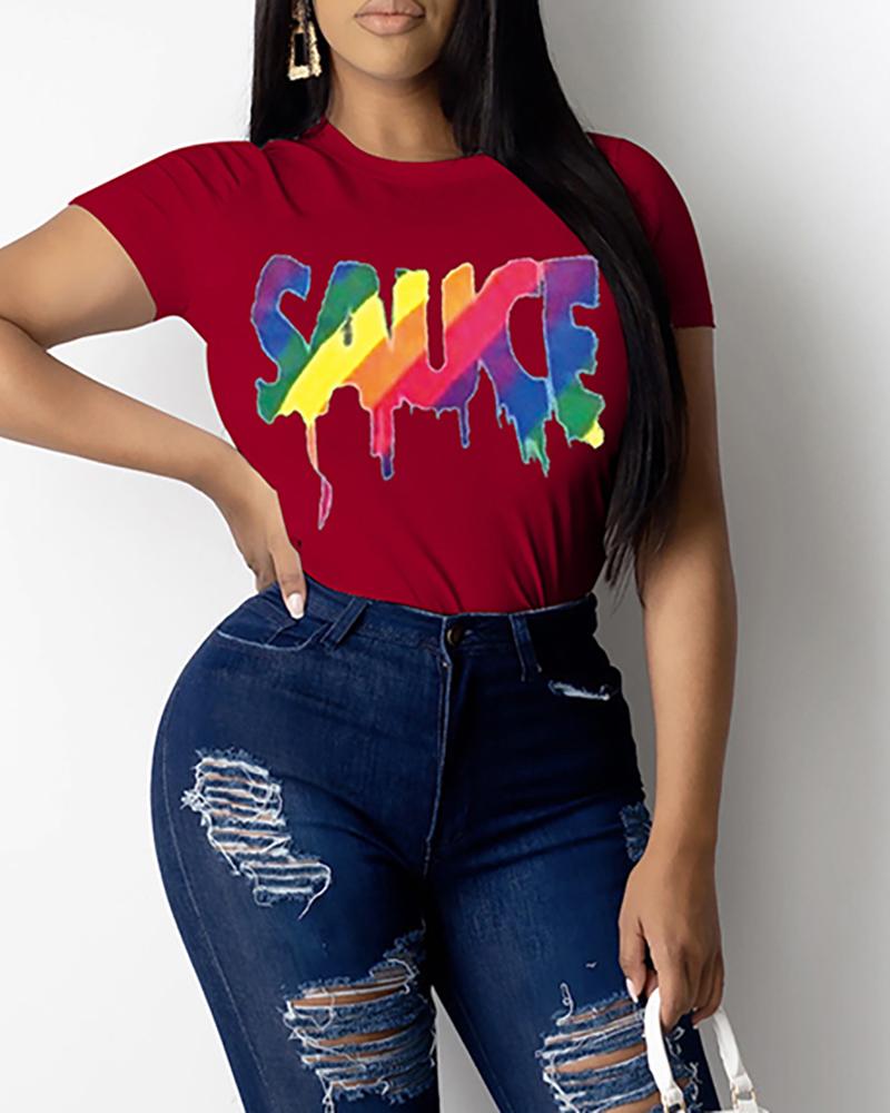 

Letter Print Short Sleeve Casual T-shirt, Red