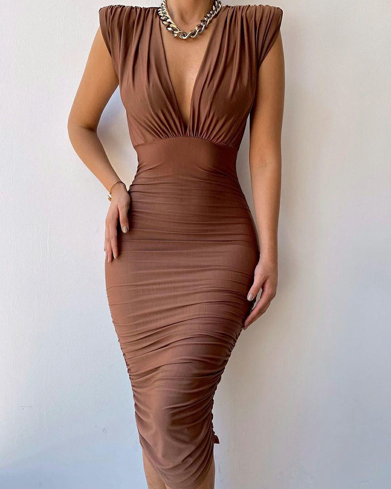 

Padded Shoulder Ruched Plunge Maxi Dress, Brown
