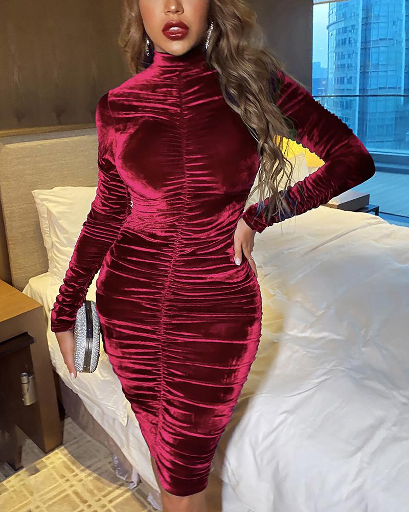 

Velvet Mock Neck Ruched Bodycon Dress, Red