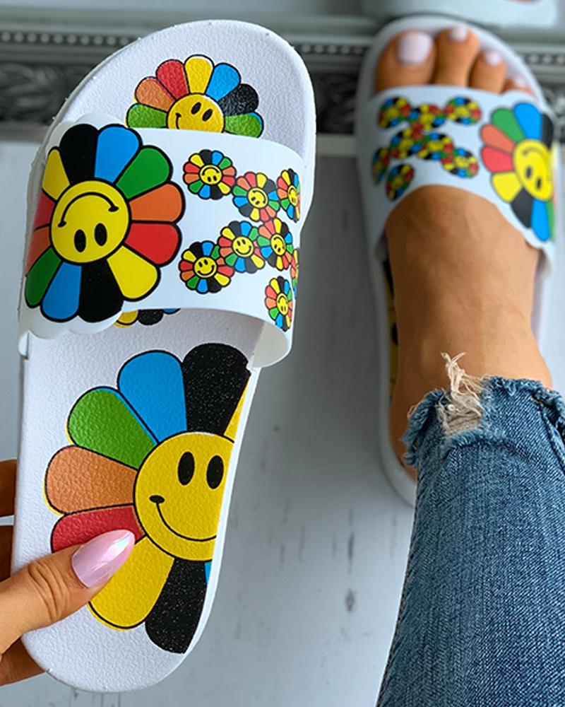 

Cartoon Sunflower Pattern Print Flat Sandals, White