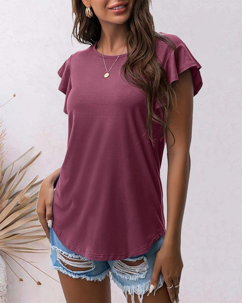 

Flutter Sleeve Round Neck Casual T-shirt, Dark purple