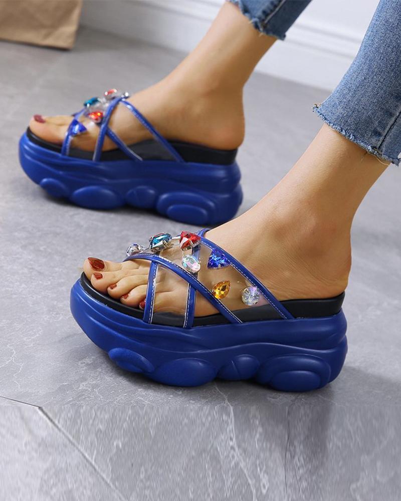 

Round-toe Cross Strap PVC Splicing Multicolor Rhinestone Platform Slippers, Blue