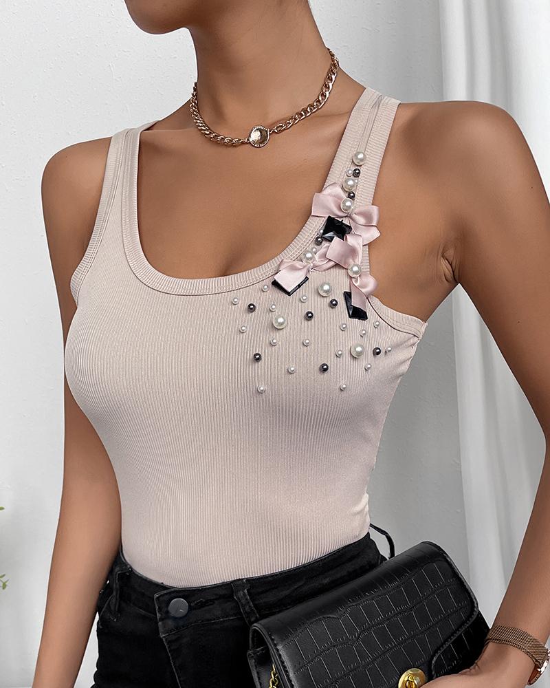 

Bowknot Decor Beaded Casual Tank Top, Apricot