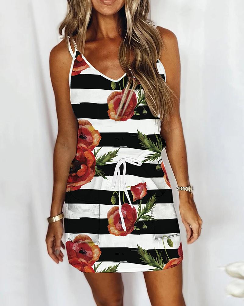 

Striped Floral Print Tied Detail Casual Dress, White