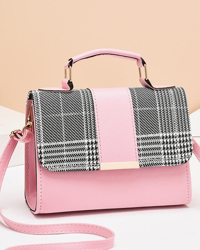 

Colorblock Houndstooth Pattern Flap Magnetic Shoulder Bag, Pink