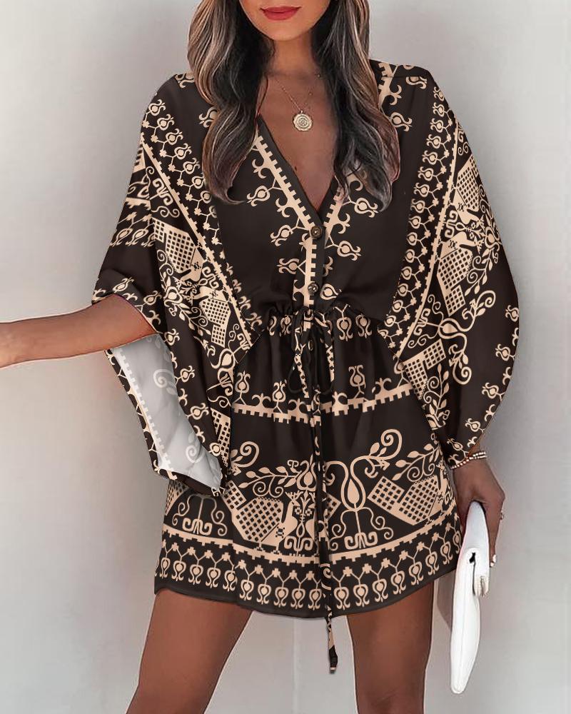 

Tribal Print Batwing Sleeve Drawstring Casual Dress, Black