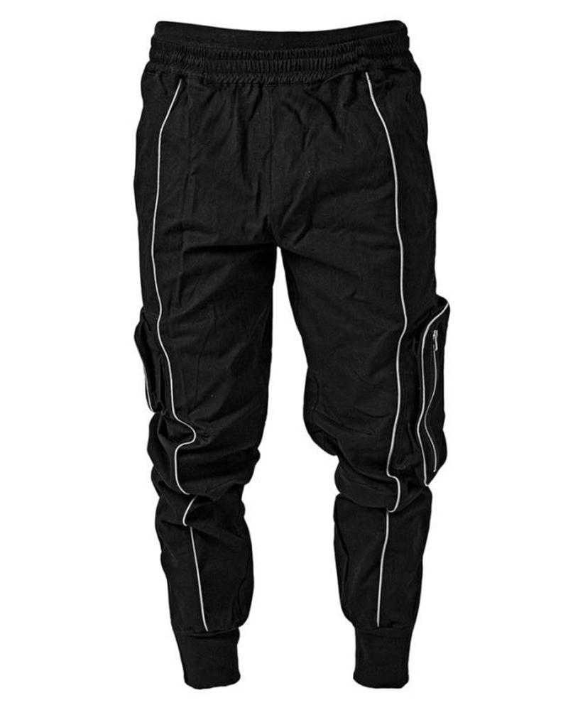 

Color Stripe Loose Pockets Patch Feet Cargo Pants, Black