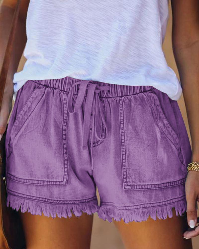 

Raw Hem Pocket Design Denim Shorts, Purple