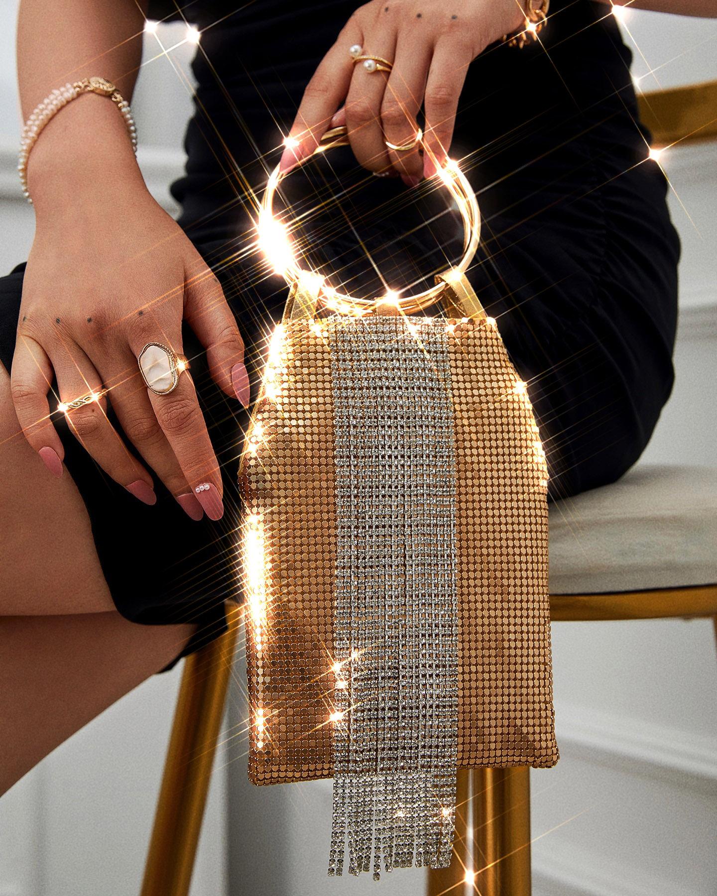 

Studded Tassel O-Ring Top Handle Evening Clutch Bag, Gold