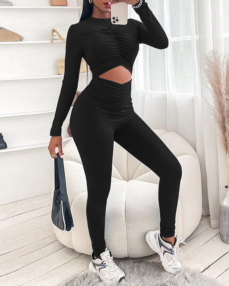 

Ruched Cutout Long Sleeve Skinny Jumpsuit, Black