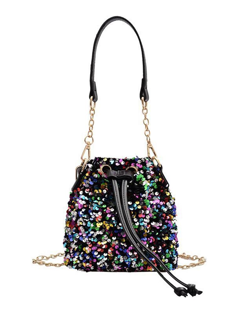 

Allover Sequin Drawstring Bucket Bag, Multicolor