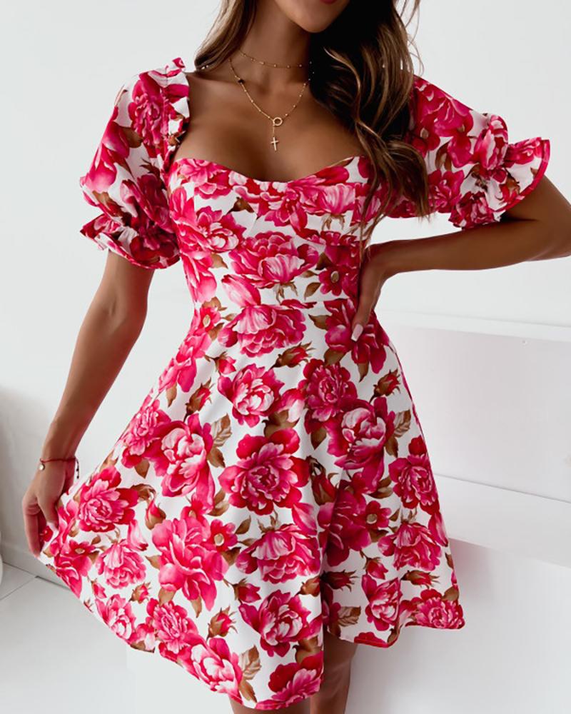 

Floral Print Puff Sleeve Backless Lace-up Dress, Hot pink