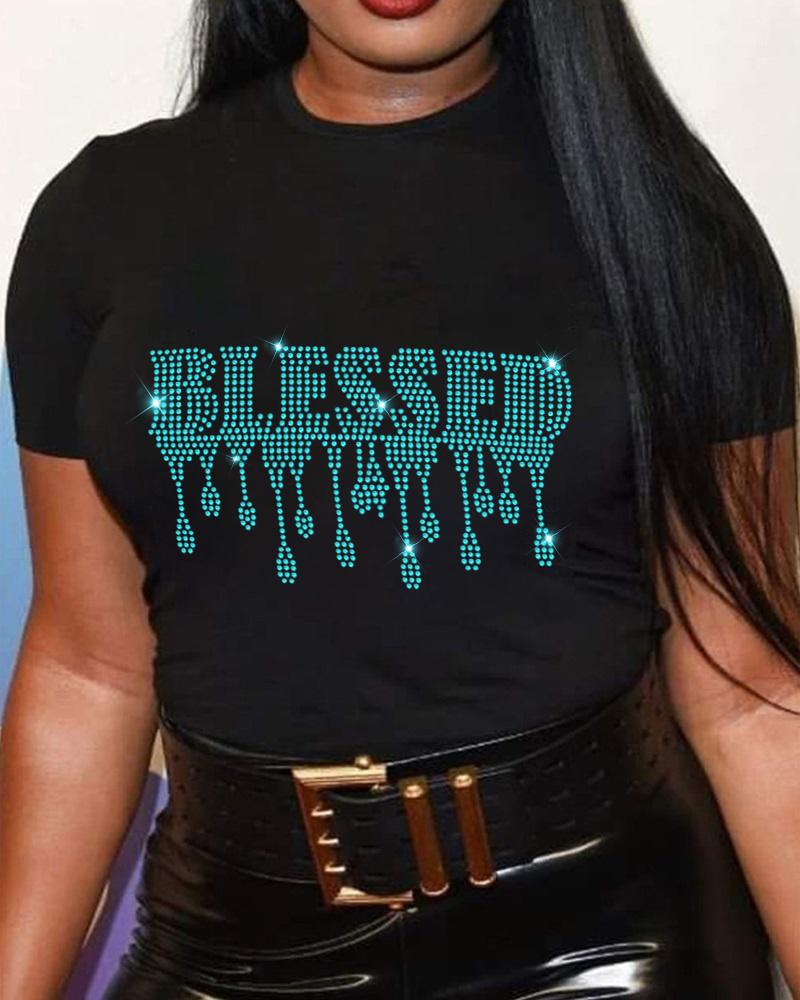 

Plus Size Rhinestone Letter Pattern Casual T-shirt, Black