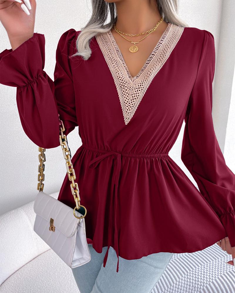 

Contrast Lace Drawstring Long Sleeve Chiffon Top, Wine red