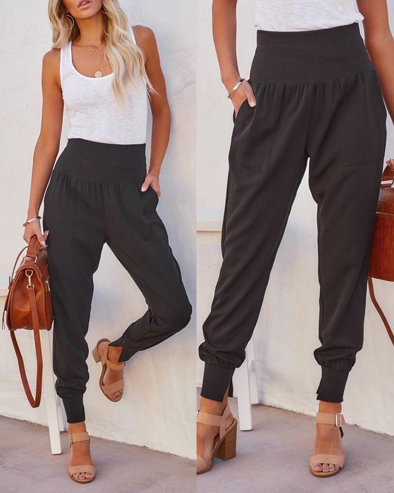 

High Waist Pocket Design Cuffed Pants, Dark grey