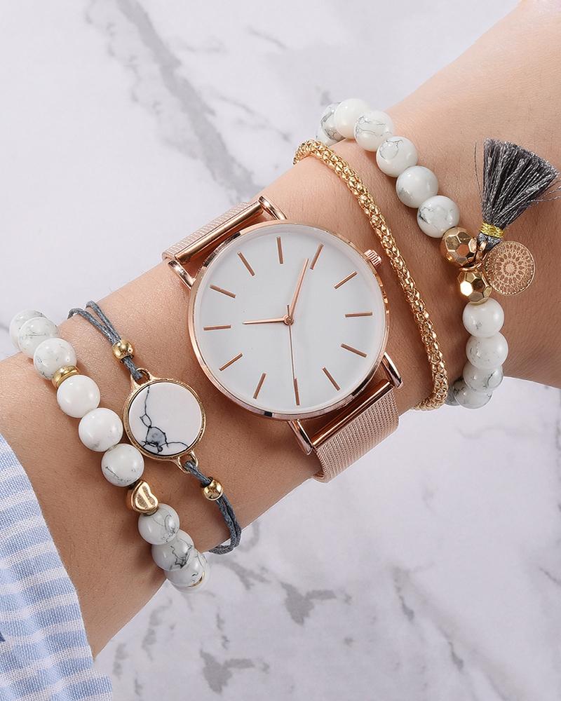 

Stainless Steel Mesh Strap Pointer Quartz Watch & Bracelet Set, White