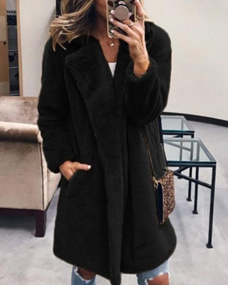 

Faux Fur Pocket Design Long Sleeve Coat, Black